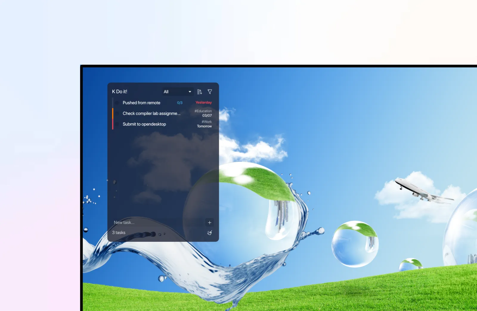 KDoit to-do widget on a KDE Plasma 6 desktop with tasks organized by priority