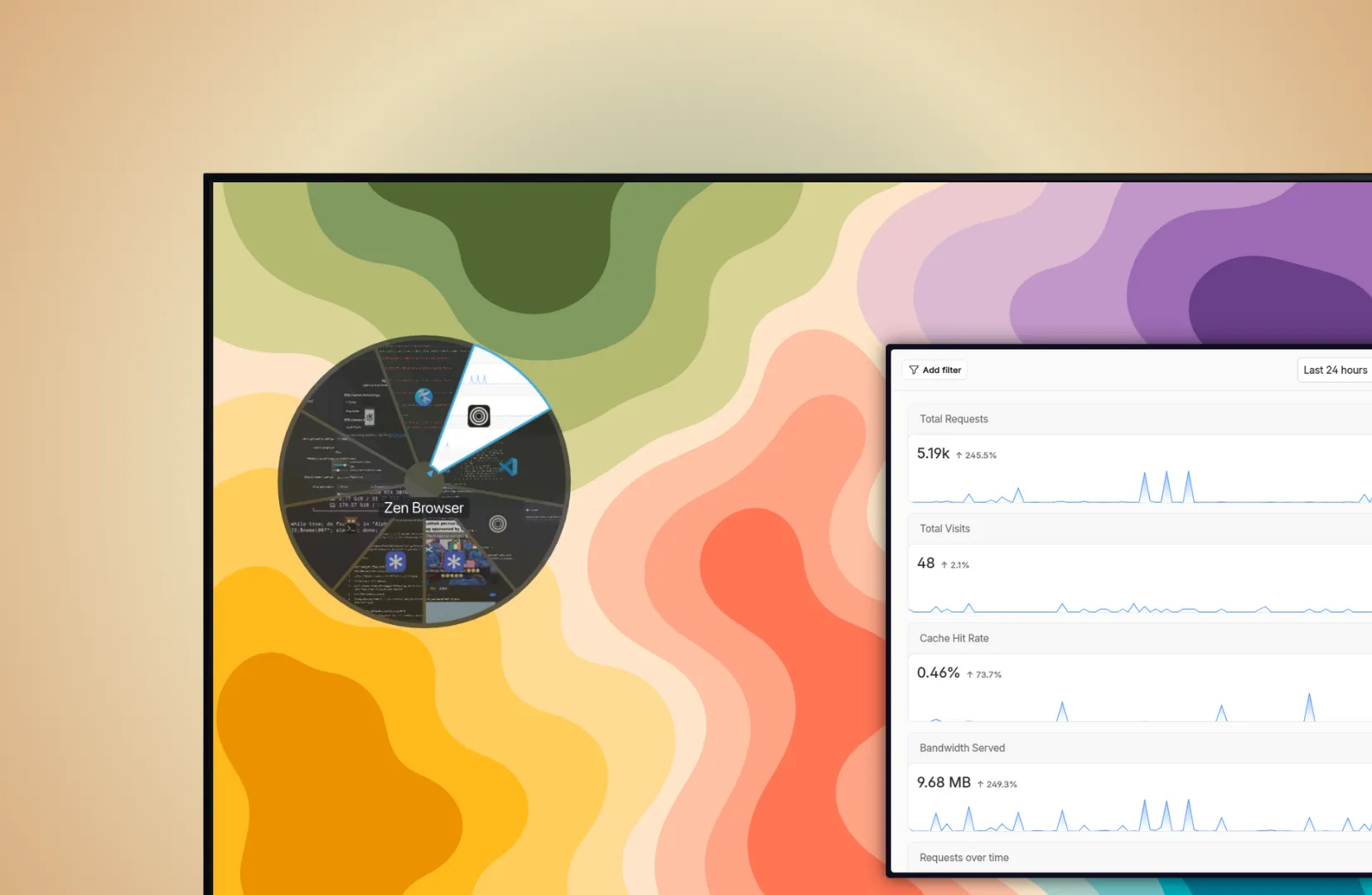 Circular Alt+Tab switcher showing windows as pie slices around the cursor