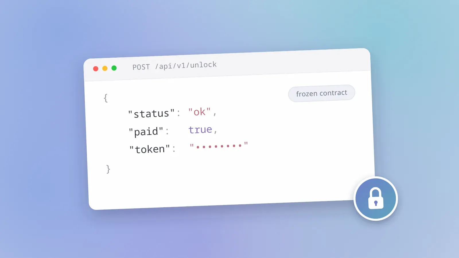 A tilted API window card showing a JSON response with a padlock badge, representing a frozen API contract secured server-side.