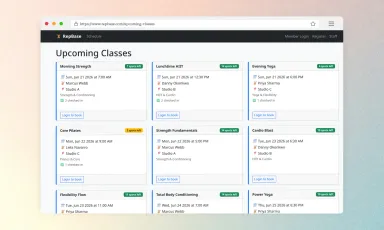 RepBase gym class schedule showing live seats-left badges