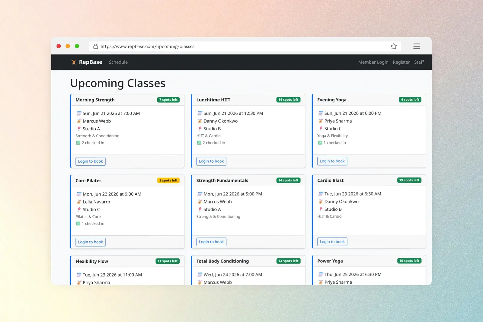 RepBase gym class schedule showing live seats-left badges