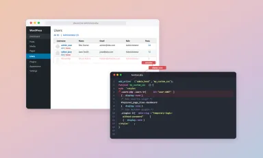 WordPress admin panel showing a hidden ghost administrator account alongside the CSS display:none payload in functions.php