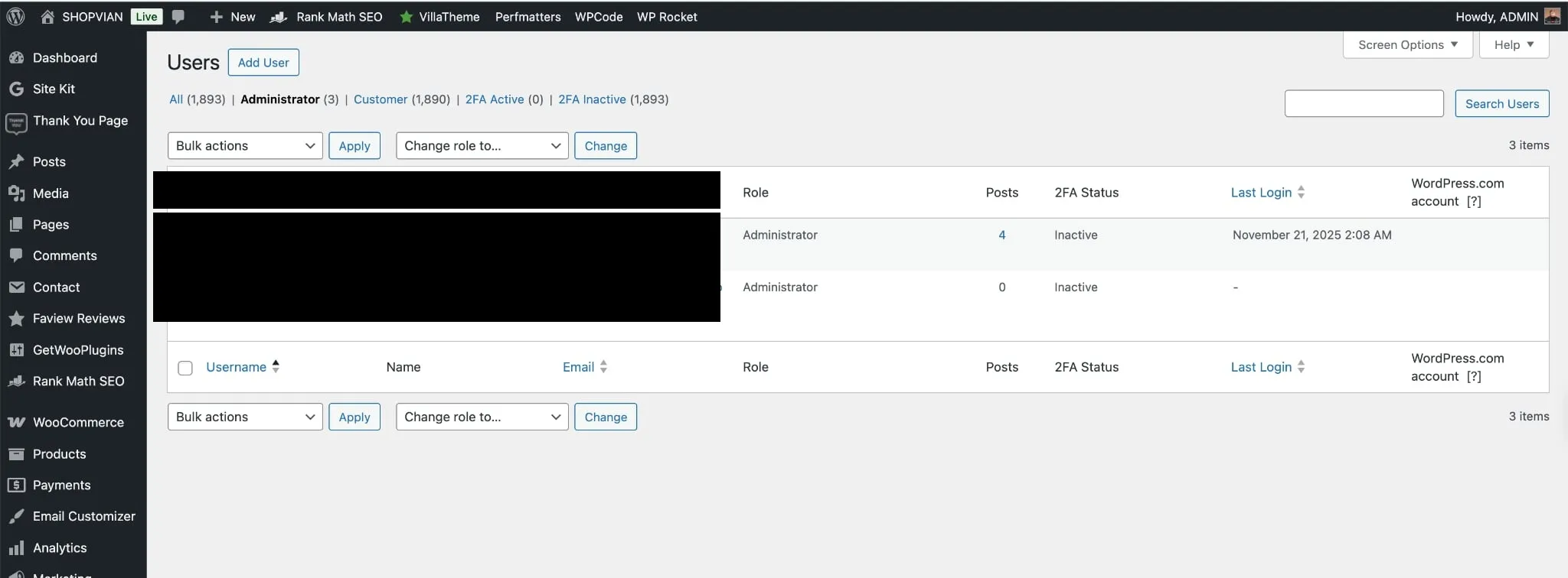WordPress admin users list showing Administrator count of 3 but only two visible rows