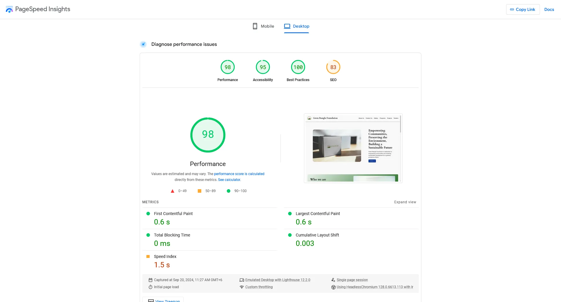 Page Speed Insight for Desktop