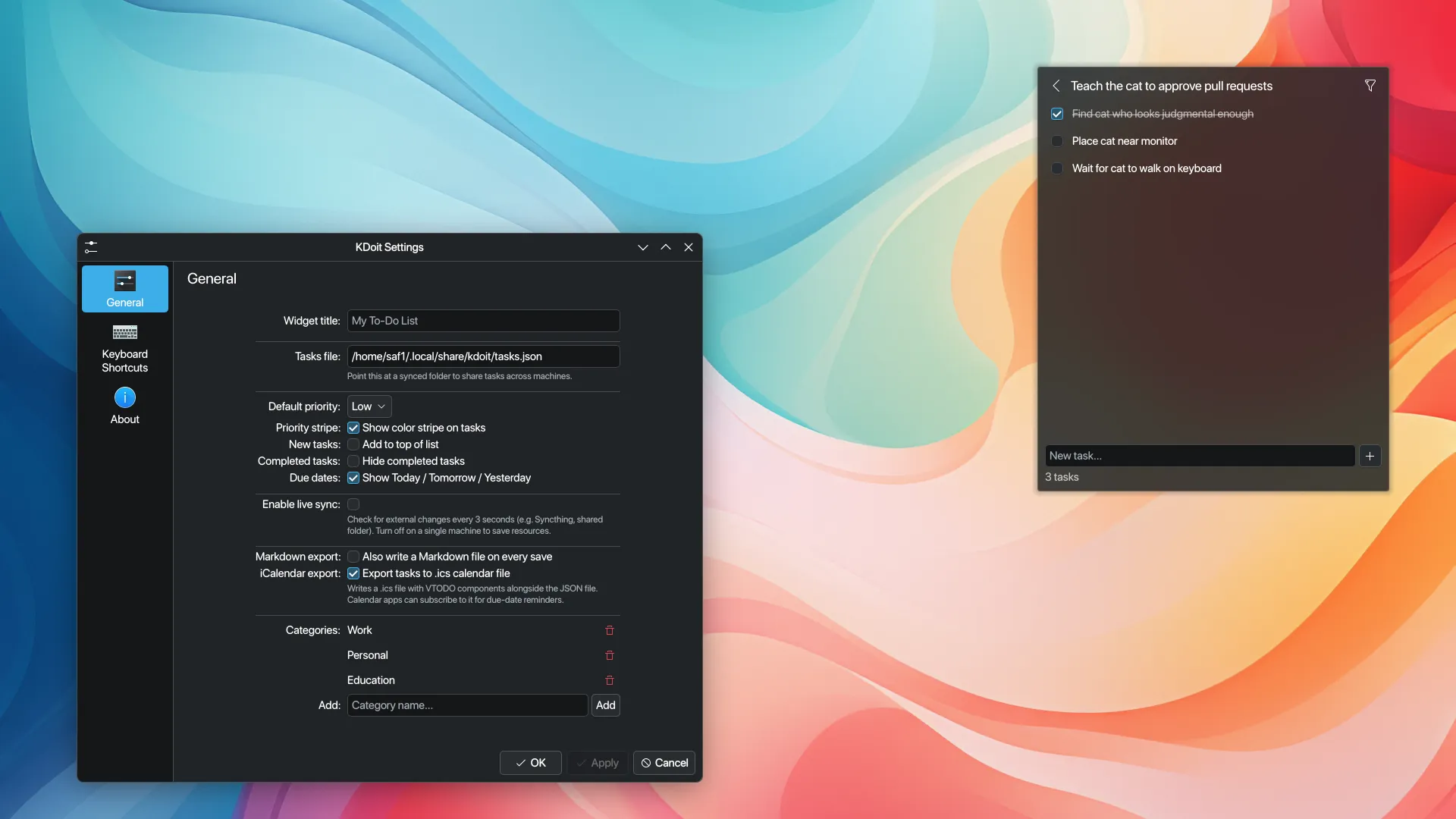 KDoit widget showing tasks with priorities and categories